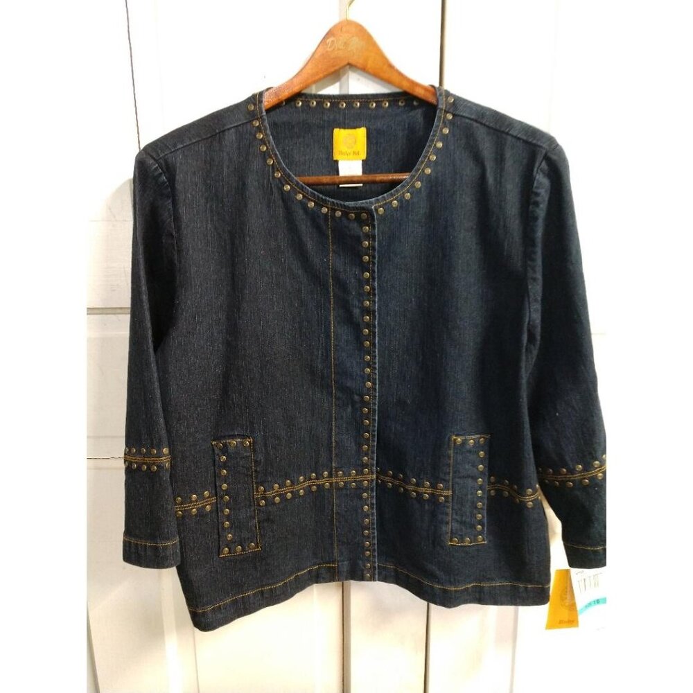 Ruby Rd. Womens Denim Jacket W/ Gold Stud Accents Long Sleeves Size 16 Ramie Ble